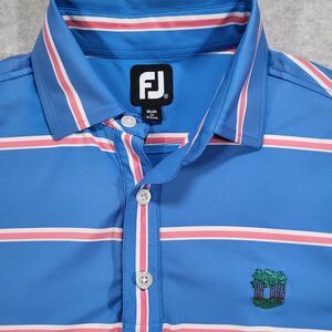 FootJoy‎ Men's Medium Baby Blue Pink Stripe Short Sleeve Polo course logo chest